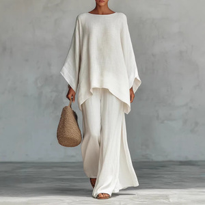 Women <b>Linen</b> Blend Knitted <b>Two</b> <b>Piece</b> Set Oversized Shirt Wide Leg Pants Casual Summer Outfit Quick Dry - Product Image 1