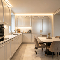 Meuble de cuisine modulaire courbé à demi-portes, blanc mat, design personnalisé de luxe, construction en bois massif, évier, robinet, charnière