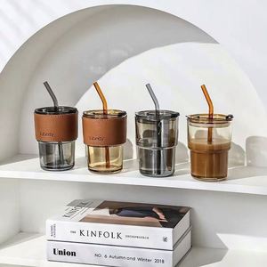 400ml <b>Bamboo</b>-Styled Eco-Friendly CE Certified Coffee Milk Gift Cup Leather Sleeve Heat Insulation Glass <b>Straw</b> Custom Accessories - Product Image 1
