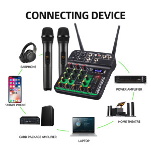 Mixeur audio DJ professionnel à 4 canaux avec 2 microphones sans fil UHF en métal et matière plastique pour karaoké - Product Image 4