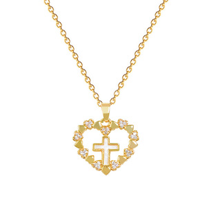 Collier pendentif croix cœur creux en zircon plaqué or sur chaîne en acier inoxydable, bijoux de mode pour femme, vente chaude - Product Image 1
