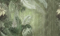Papier peint vintage vert sauge à motifs de palmiers tropicaux et de feuilles de Monstera, écologique, murale botanique jungle pour salon, chambre, restaurant