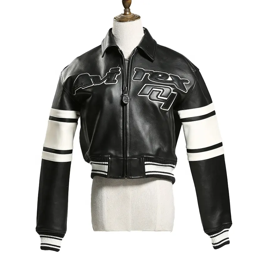 OEM High Quality Europe US Plus Size Genuine Leather Clothes Authentic Women's Lamb Skin Varsity Club Short Jackets