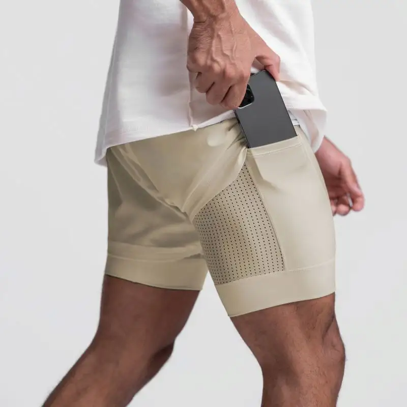 กางเกงขาสั้นออกกำลังกาย2-In-1สำหรับผู้ชาย,กางเกงขาสั้นออกกำลังกายยิมเพาะกายพร้อมห่วงรัดตาข่ายด้านในมีรู