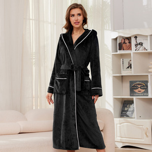 chinese dress ladies Black Satin Hooded Robe for Women – Long Dressing Gown with Pockets XL / Black