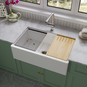 Fregadero de cocina de porcelana de 33 pulgadas, blanco, de arcilla refractaria, con frente de delantal acanalado estilo granja, de un solo tazón, hecho <span class=keywords><strong>a</strong></span> mano, moderno - Product Image 6
