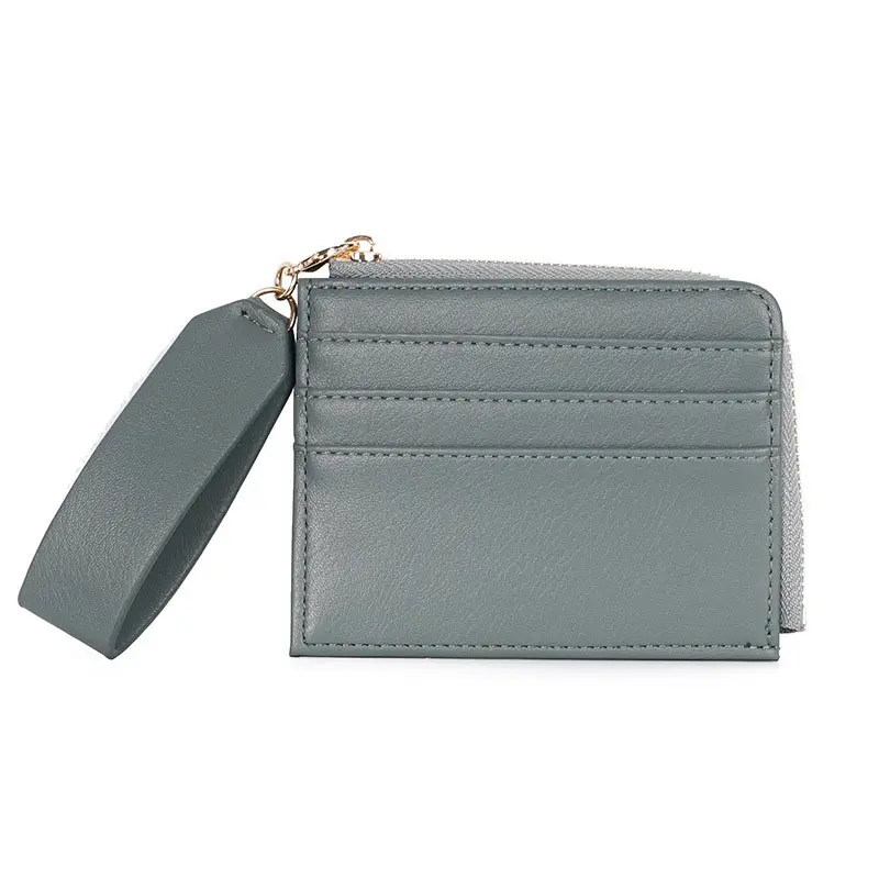 PU Leather Wristlet Wallet Key chain Ladies Mini Wallet 6 Card Holder Zipper Wallet with Leather Wrist Strap