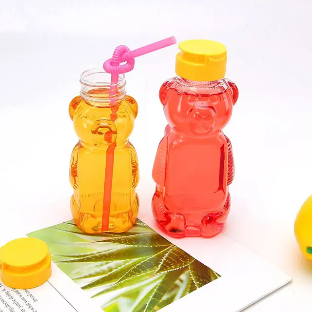 Wholesale Cute Bear Shape Plastic Juice Bottle Food Grade PET Empty Bear Shape Beverage Bottle With Caps