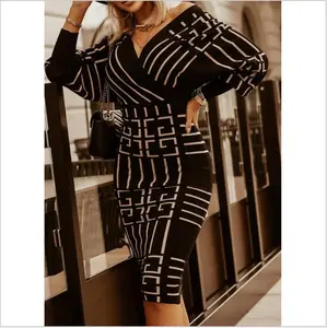 Women clothing fall fashion printed long sleeve V-neck waist bag hip dress fall dress