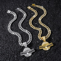 Pendentif en strass Shark Mouth BREAD WINNER, style hip-hop pour homme, avec chaîne maille cubaine Miami