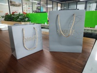 Sac en papier d'art exclusif rouge et bleu personnalisé avec différentes poignées pour emballage cadeau de bijoux, vêtements de mariage et articles de luxe