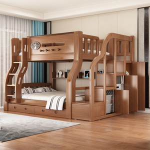 Letto a Castello in Legno Massello Stile Country Americano, Singolo su Matrimoniale, con Scala, Cassetti Contenitore, Scaffali Aperti e Sponda di Sicurezza, Arredamento per Cameretta Bambini - Product Image 2