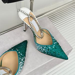 Tacones de aguja de lujo con punta en pico y diamantes de imitación degradados para mujer, sandalias de tacón alto para fiesta de verano - Product Image 4