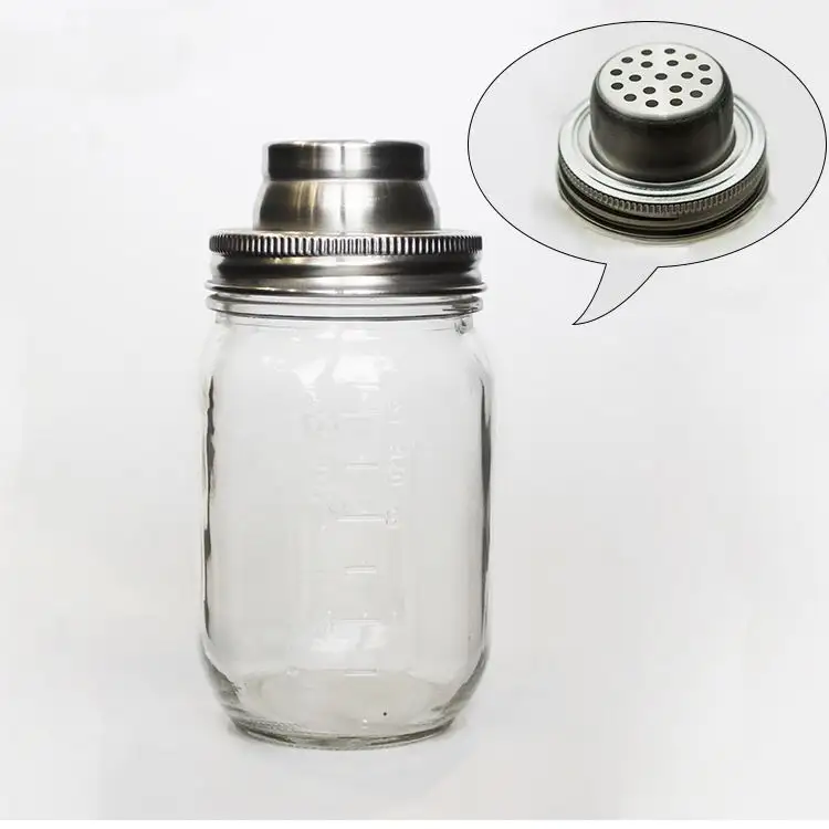 Embossed Measuring Bar Bottle Glass Mason Jar With Stainless Steel Cocktail Shaker Lid For Moonshine Beverage