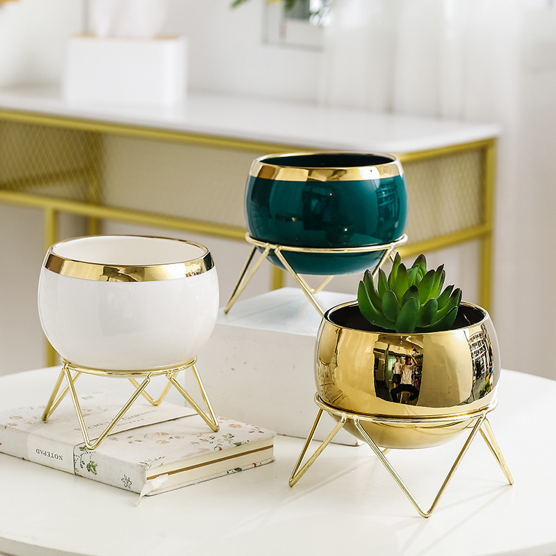 Creative Nordic gold rim succulent flower green plant cactus iron ceramic flowerpot container