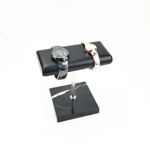 Pure black PU leather two supporters display 10*10 cm square marble base luxury watch and jewelry display stand for counter