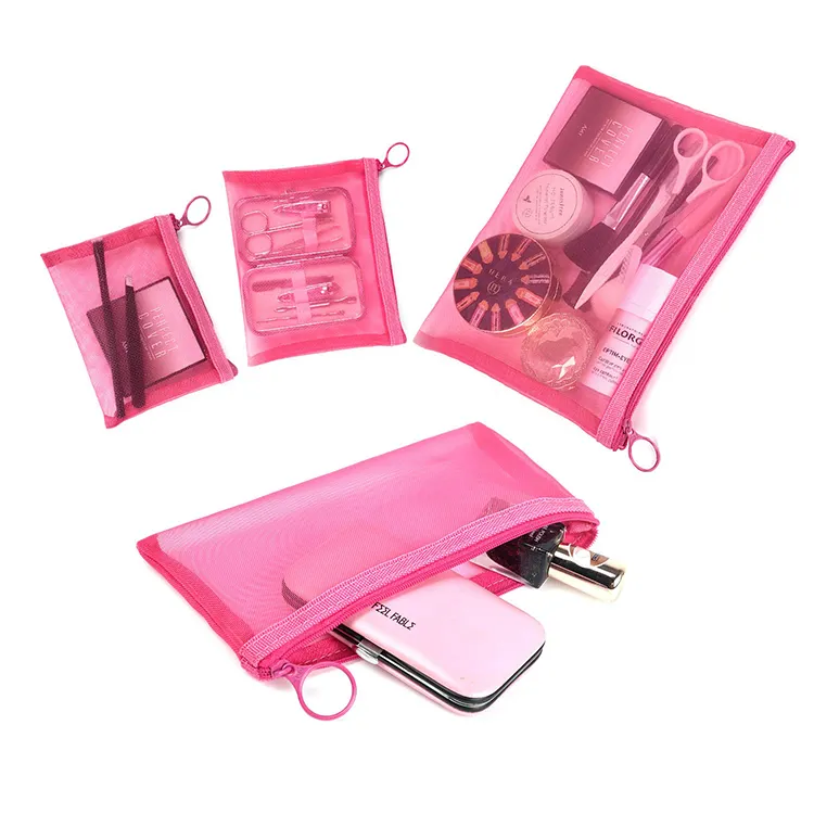 4 Different Sizes Pink Nylon Mesh Makeup Cosmetic Organizer Bag Set Pencil Pouch