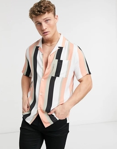 Stylish Short Sleeve Mens Clothing Summer Casual Top <strong>Revere</strong> <strong>Collar</strong> Stripe Men's <strong>Shirts</strong> in Peach - Product Image 3