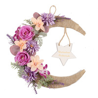 Décoration de porte pour le Ramadan, couronne de lune en forme de croissant avec fleurs artificielles et étoile, décoration de fête musulmane