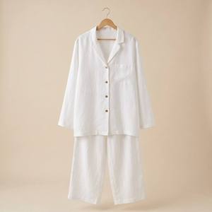Conjunto de pijamas blancos para mujer, personalizados, 100% algodón, ropa de dormir suave de 2 piezas, pijamas de manga larga, conjunto de ropa para estar en casa, venta al por mayor. - Product Image 6