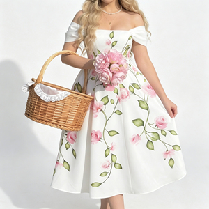 Robe midi élégante à imprimé floral et épaules <span class=keywords><strong>d</strong></span>énudées pour femme, avec manches courtes bouffantes, coupe trapèze évasée, idéale pour les fêtes en <span class=keywords><strong>jardin</strong></span> et les vacances - Product Image 3