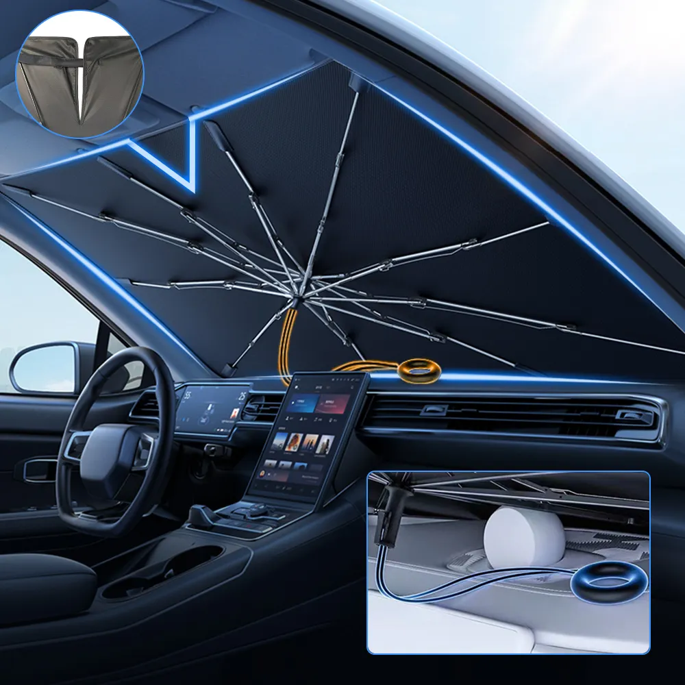 Portable Car Windshield Parasol with Pull Ring Umbrella Handle Foldable Car Sunshade for Summer Outdoor Auto Protection