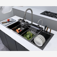 Slimme RVS spoelbak met honingraatstructuur, dubbele bak, digitaal display en watervalfunctie, inclusief afdruiprek
