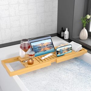 Bamboo Bathtub <b>Caddy</b> Foldable Retractable Freestanding Bathroom Storage <b>Tray</b> For <b>Bath</b> Time Relaxation - Product Image 1