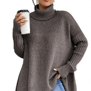 Pull long en tricot épais à col roulé, à épaules tombantes, décontracté et tendance pour l'hiver, couleur unie, pour femmes - Product Image 2