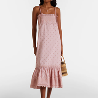 Robe mi-longue rose en coton brodée à œillets, avec nœud papillon, bretelles spaghetti, ourlet à volants et découpes, pour femme, été, décontractée, vacances
