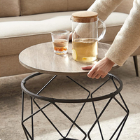 Ensemble de tables basses rondes modernes industrielles en métal noir avec base en métal et plateau en bois pour salon - Vente en gros