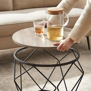 Set di Tavolini <span class=keywords><strong>da</strong></span> Caffè Rotondi Moderni Industriali con Base in Metallo Nero e Struttura in Legno e Metallo per Soggiorno - Product Image 4