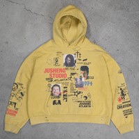 Sweat à capuche pour homme personnalisé, effet délavé soleil et délavé boue, en molleton bouclette, coupe ample, style streetwear, jaune vintage