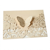 Carte d'invitation de mariage style européen avec découpe papillon, en papier dentelle doré, pour fête prénuptiale