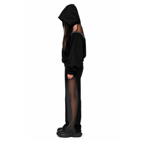 Ensemble 2 pièces streetwear d'hiver pour femme, personnalisé avec strass, coupe ample, dos nu, manches longues, sweat à capuche et pantalon zippé - Product Image 3