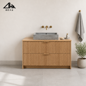 Meuble-lavabo <span class=keywords><strong>de</strong></span> salle <span class=keywords><strong>de</strong></span> bain en chêne avec façades <span class=keywords><strong>de</strong></span> tiroirs cannelées, vasque en ciment et plan <span class=keywords><strong>de</strong></span> travail en chêne massif pour hôtel, appartement, plat pack - Product Image 2