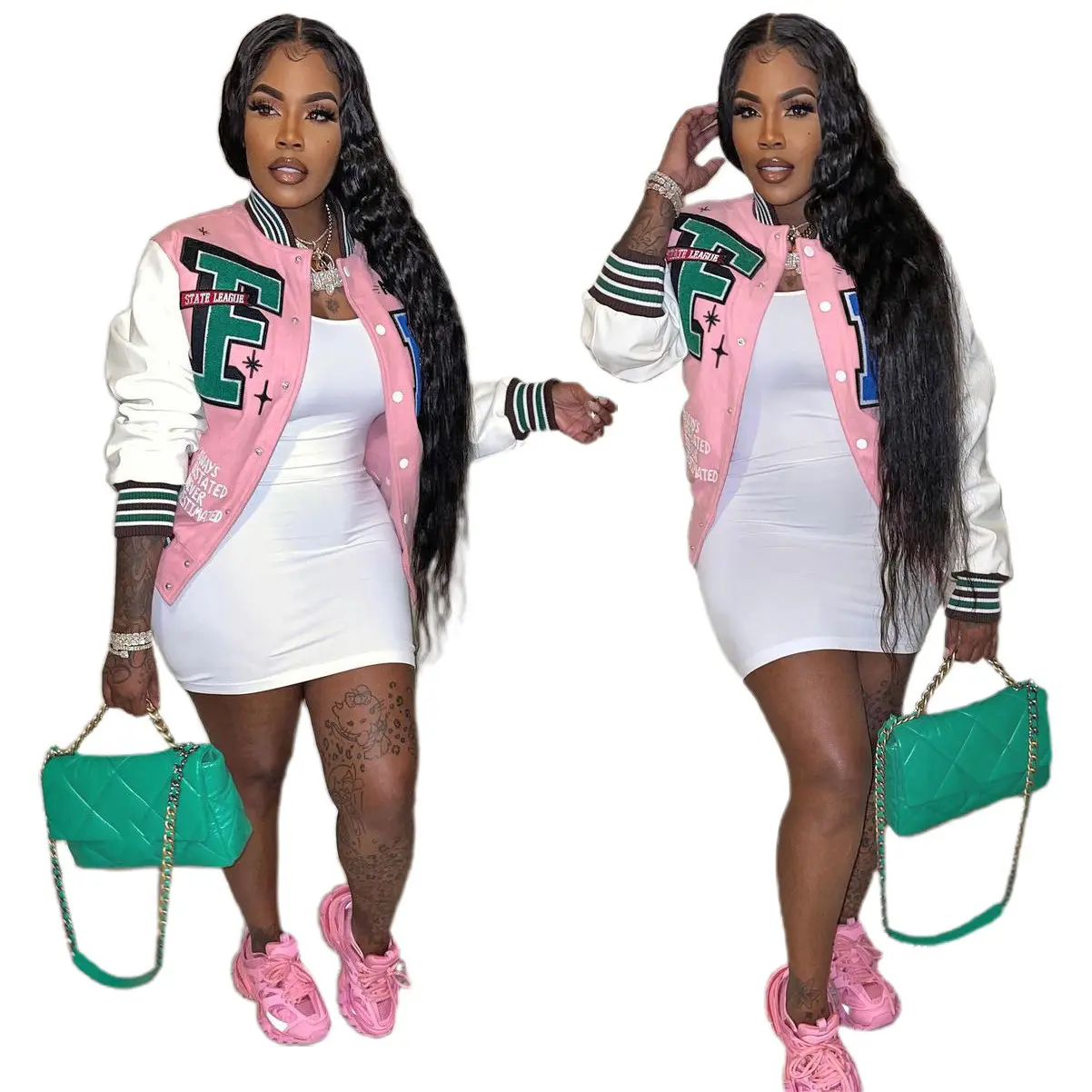 New Streetwear Spring Fall Fashion Women Lady Color Blocking Patchwork Printed Varsity Pink Baseball Jacket