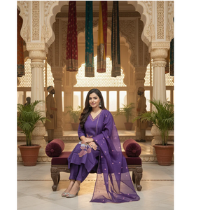 Womens Purple Floral Embroidered Cotton Kurta Set with Dupatta Quick Dry Wrinkle Free Ethnic Wear - Product Image 2