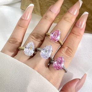 Joyería de moda Iced Out Pear Pink Diamond Anillos