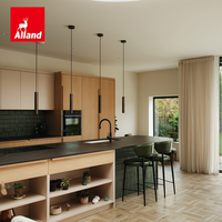 Meubles de cuisine minimalistes Japandi sur mesure en chêne, îlot de cuisine incurvé, étagères ouvertes, meubles de cuisine intégrés sur mesure avec appareils électroménagers