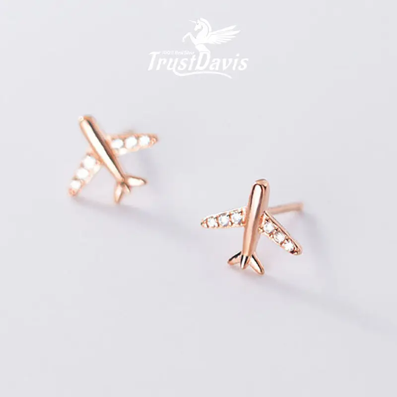 TrustDavis Fashion Airplane Zircon Stud Earrings Real 925 Sterling Silver For Women Girls Trendy Jewelry Gift Wholesale F105