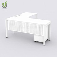 Bureau de direction moderne en L, entièrement blanc, avec meuble mobile à 3 tiroirs verrouillable, boîte de gestion des câbles, montage facile, écologique, résistant à l'eau