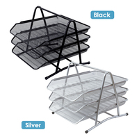 Organisateur de bureau à 3 niveaux en maille d'acier noir et argenté, robuste, pour documents et lettres, avec tiroir coulissant, pour accessoires de bureau