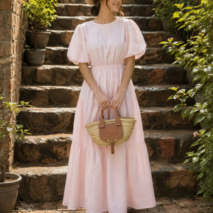 Robe longue décontractée d'été pour femme, moderne, respirante, en coton et lin rose, à manches bouffantes, à volants, style bohème, pour les vacances - Product Image 1