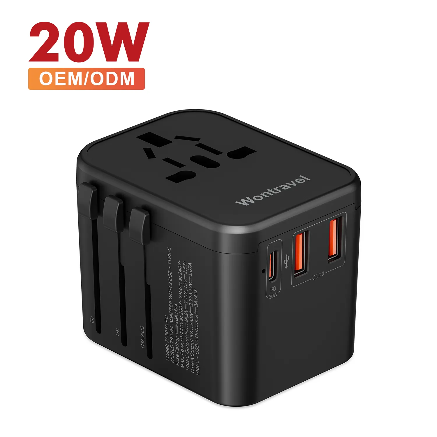 Wtravel Adaptador de viagem universal com carregador rápido 20W PD Plug World 3 USB Internacional Adaptador de viagem tudo em um