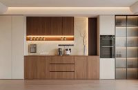 Meuble de cuisine sur mesure minimaliste, armoire en grain de bois clair et crème, mobilier sur mesure avec éclairage LED pour les développeurs résidentiels (vente en gros)
