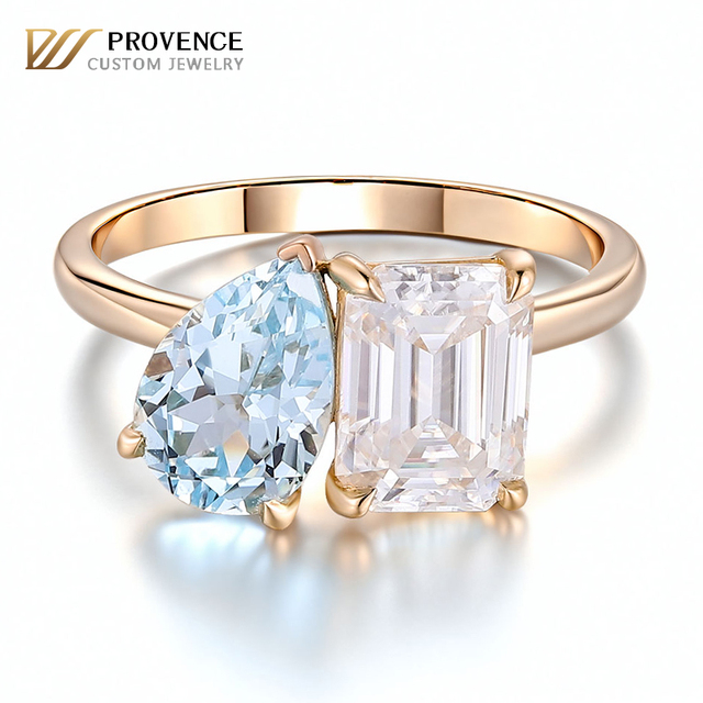 Factory Custom Two Stone Lab Gemstones Ring 10k14k18k Gold Finger Ring Women Lab Created Sapphire for Engagement Weeding Jewelry