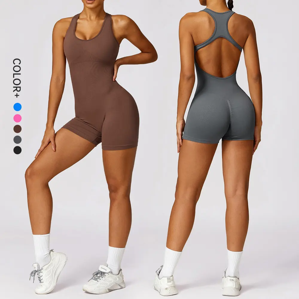 SHINBENE baju terusan Yoga wanita, jumpsuit Unitard satu potong celana pendek baju monyet Yoga tanpa lengan mulus pakaian Bodycon