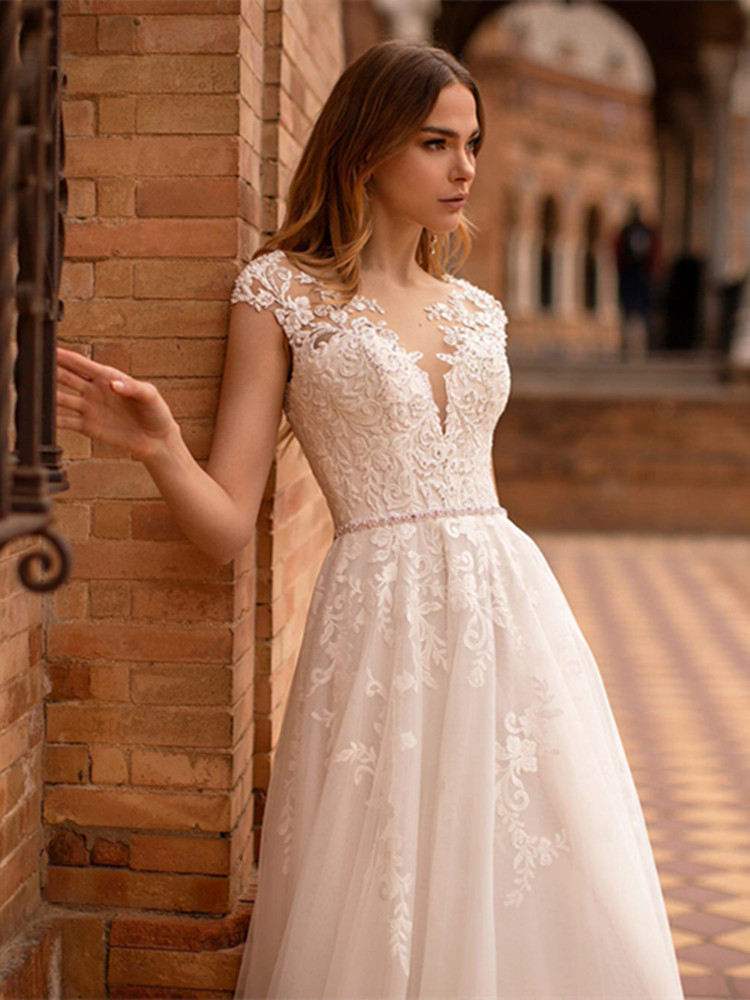 13145 Elegant A-line Wedding Dress With Cap Sleeves, Illusion Back & Sweep Train