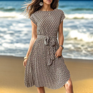 Summer New Women's Short Sleeve Printed Dress Round Neck Waist Trimming Large Swing Skirt - Product Image 4